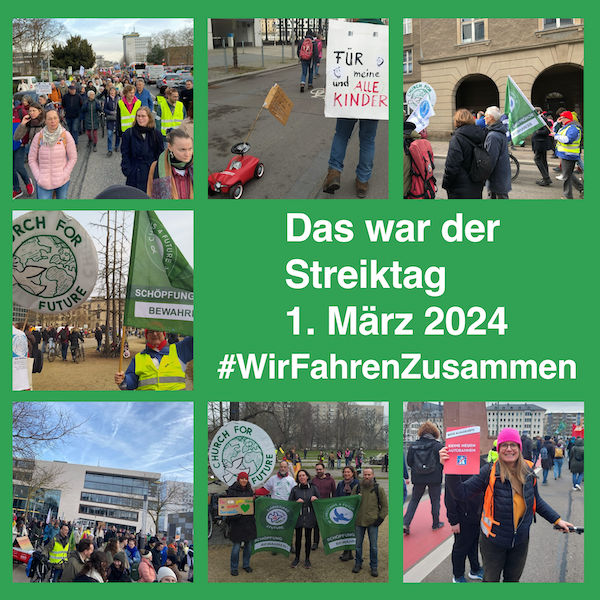 Das Bild zeigt Miniaturansichten von sieben Fotos, auf denen Demonstrierende zu sehen sind. Als Text steht dort: Das war der Streiktag 1. März 2024, #WirFahrenZusammen