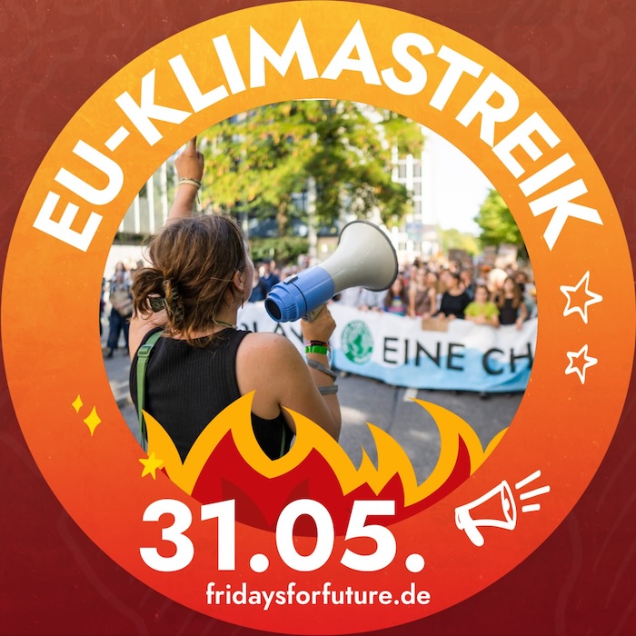 Eine Person auf einer Demo spricht in ein Megaphon, im Hintergrund sieht man Personen, die ein Banner tragen. Orangefarbener Hintergrund mit Flammen. Das Bild ist kreisförmig eingerahmt von Text: "EU-Klimastreik 31.05. fridaysforfuture.de"