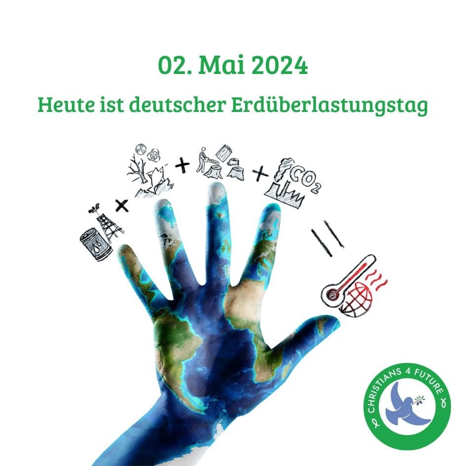 Eine ausgestreckte Hand, deren Oberfläche gemustert ist wie die Erdoberfläche. An ihren Fingerspitzen Piktogramme mit Symbolen für Erdölförderung, Giftmüll, Waldrodung und CO2-Emission. Zwischen ihnen Plus-Zeichen. An der Daumenspitze ein rot eingefärbtes Thermometer und eine rot eingefärbte Erde, davor ein Gleich-Zeichen. Text: "02. Mai 2024. Heute ist deutscher Erdüberlastungstag." Unten rechts das Logo der Christians for Future.